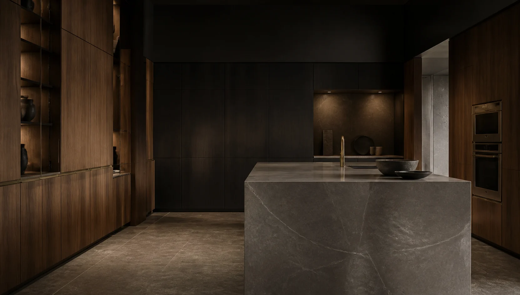 Dark walnut and stone kitchen by Enthals
